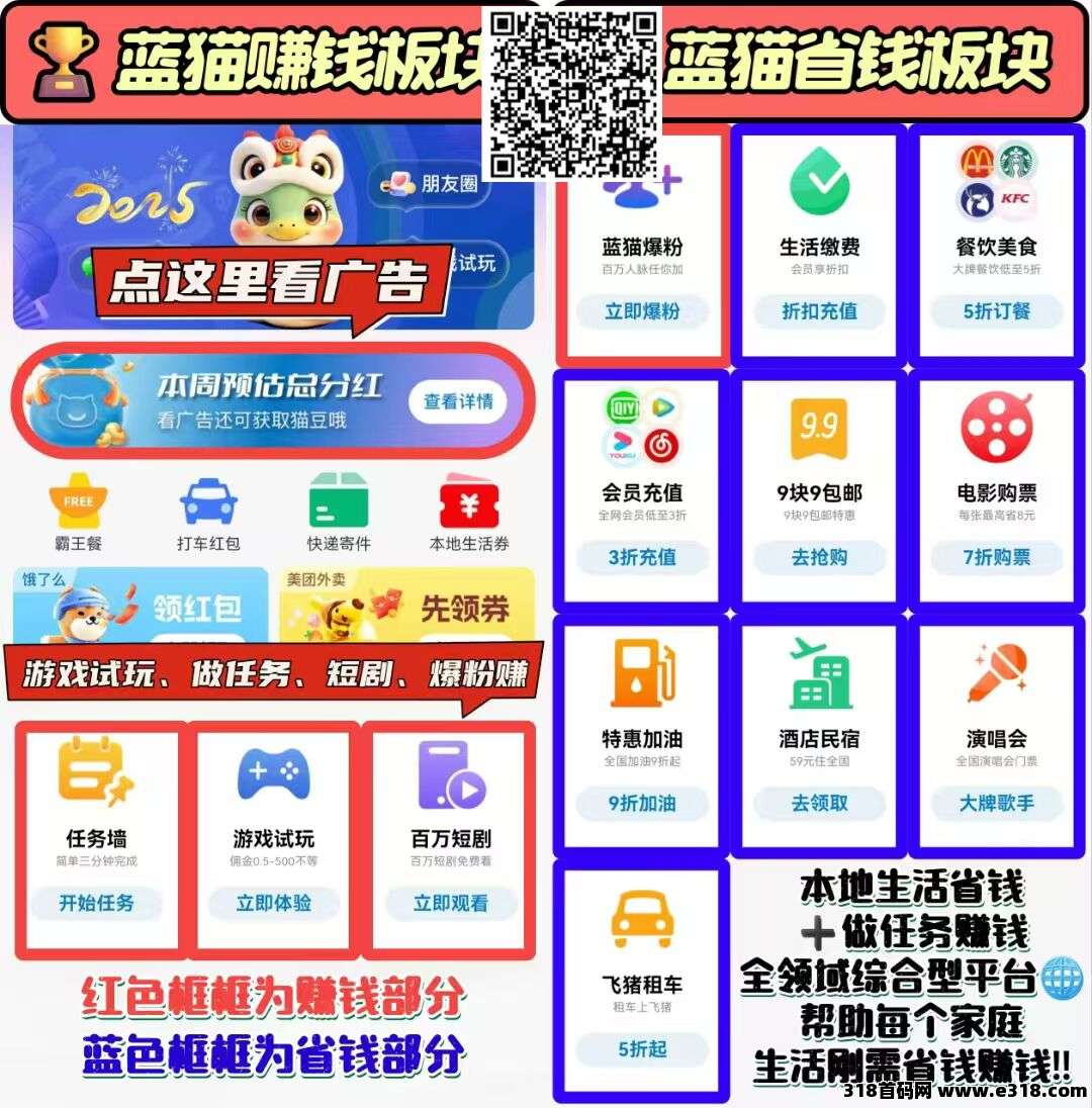 蓝猫平台，两大类板块，第一板块省钱，第二板块赚钱，免费注册省赚自由(3)