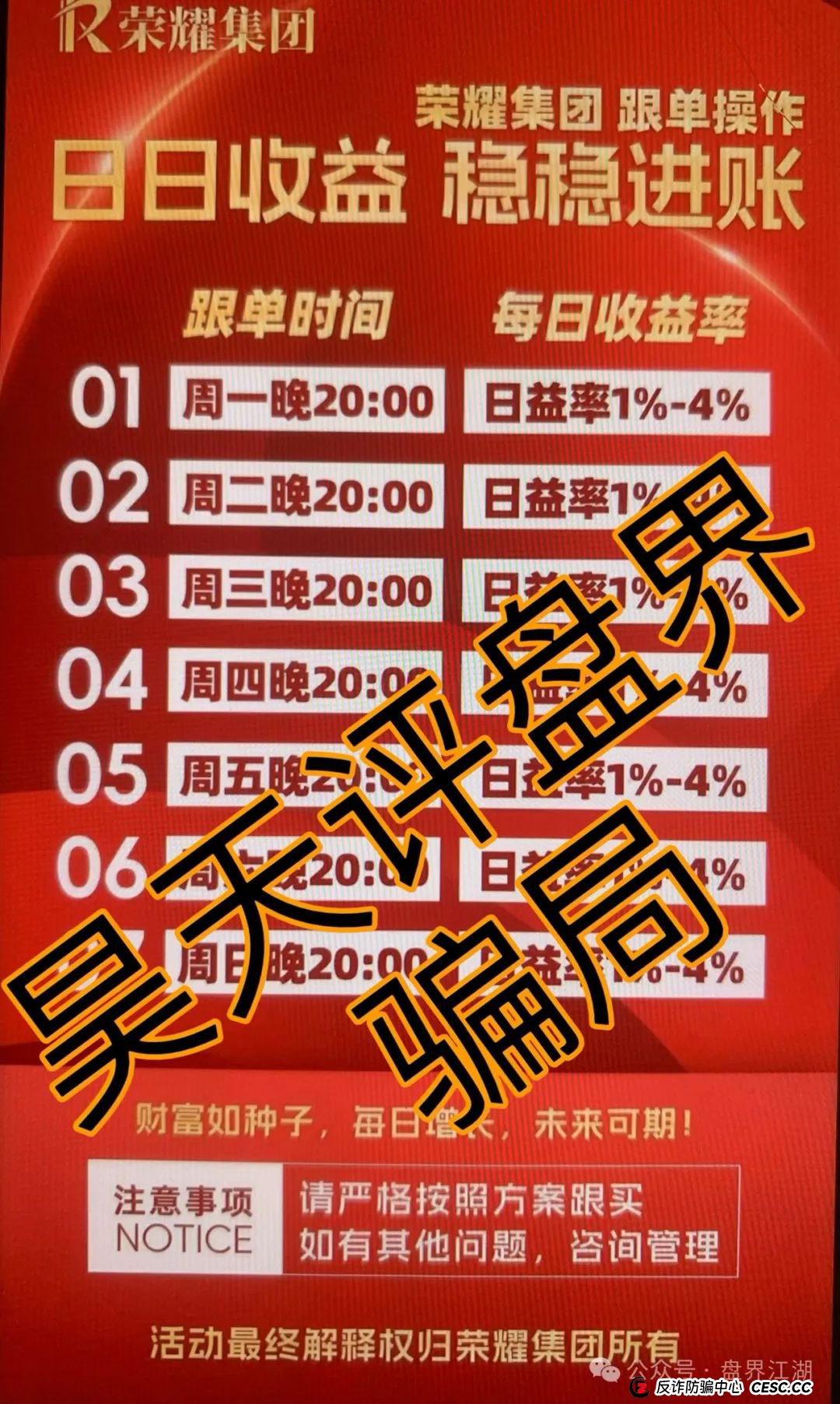 【荣耀集团】典型的跟单类资金盘骗局，高度预警，看见一定要远离！