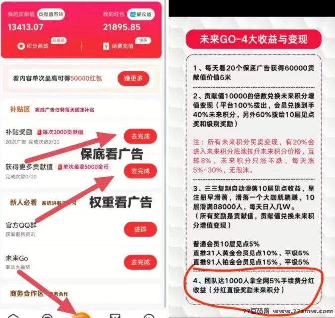 未来GO平台详解：看广告赚积分0撸起步，贡献值兑换未来积分，三三裂变助力月入过万的全新机会！(3)