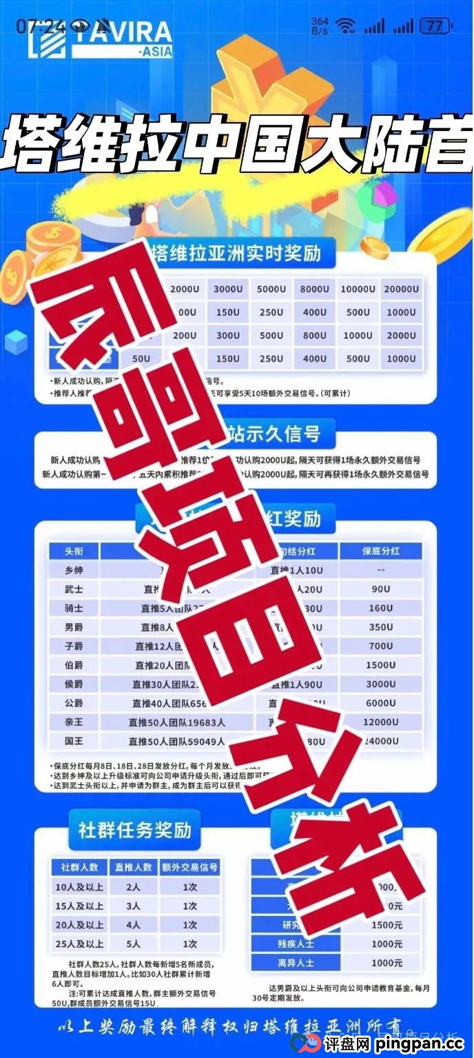 塔维拉亚洲资金盘骗局原悦比特诈骗团伙所开，典型的一轮圈韭菜盘，高度预警